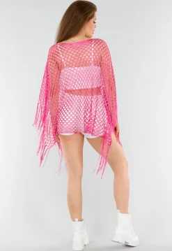 Fuchsia Netstof Cover-Up met Franjes en Open Ruitpatroon