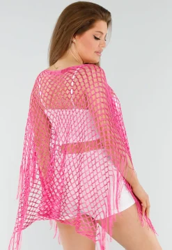 Fuchsia Netstof Cover-Up met Franjes en Open Ruitpatroon