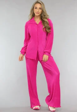 Fuchsia Plissé Blouse met Broek