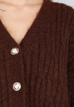 Gebreide Bruine Cardigan met Lurex en Goudkleurige Knopen