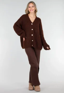 Gebreide Bruine Cardigan met Lurex en Goudkleurige Knopen
