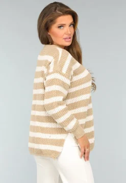 Gebreide Camel Trui met Witte Strepen