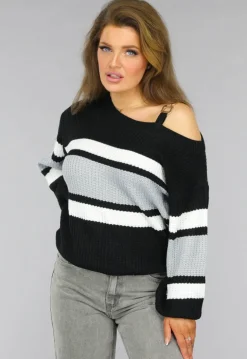 Gebreide Gestreepte One Shoulder Trui