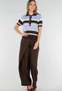 Gebreide Polo Top in Blauw en Bruin met Stretch
