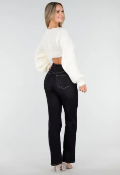 Gebroken Witte Cropped Trui met Ballonmouwen en V-Hals