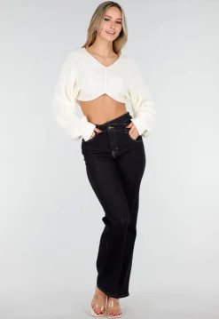 Gebroken Witte Cropped Trui met Ballonmouwen en V-Hals