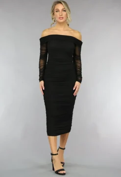 Gedrapeerde Zwarte Bodycon Off Shoulder Mesh Jurk