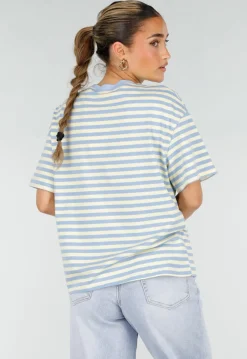 Geel Blauw Gestreept T-shirt met Korte Mouwen en Ronde Hals
