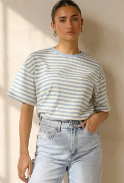 Geel Blauw Gestreept T-shirt met Korte Mouwen en Ronde Hals