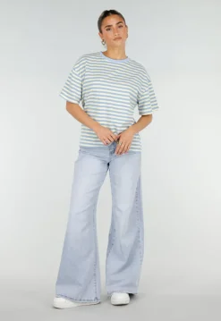 Geel Blauw Gestreept T-shirt met Korte Mouwen en Ronde Hals