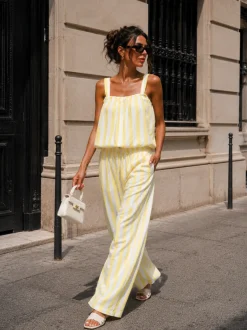Geel Witte Gestreepte Two Piece Set met Mouwloze Top en Wide Leg Broek