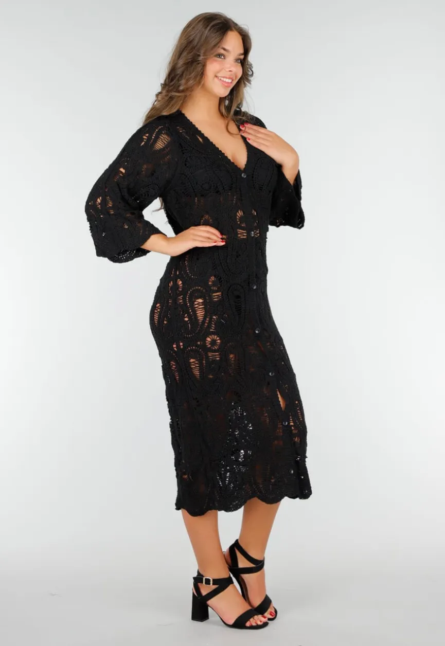 Gehaakte Cover-up Jurk Vest met V-Hals en Lange Mouwen