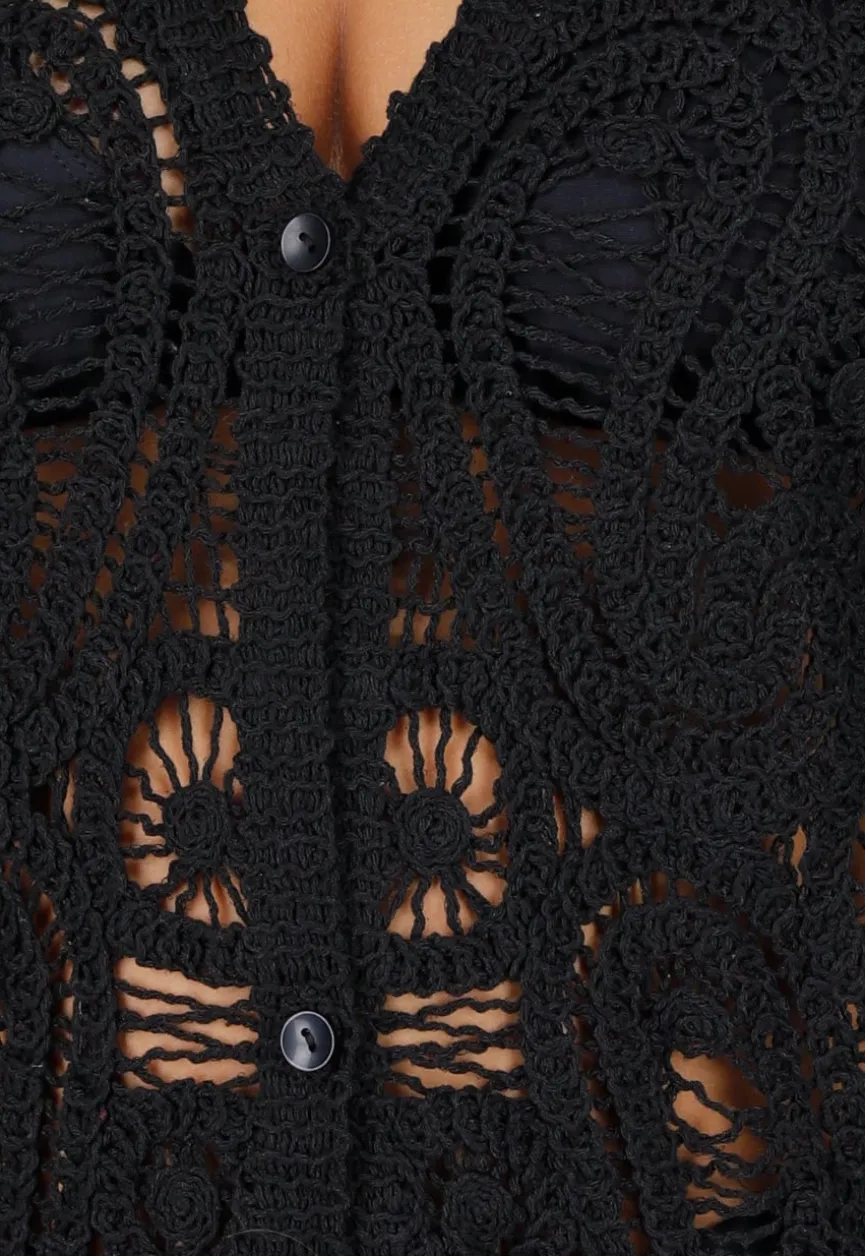 Gehaakte Cover-up Jurk Vest met V-Hals en Lange Mouwen
