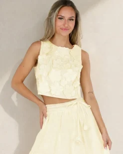 Gele Bloemen Crop Top zonder Mouwen