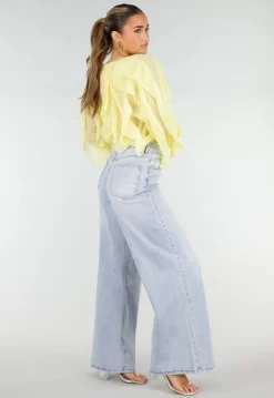 Gele Chiffon Blouse met Ruffles Lange Mouwen en Knopen