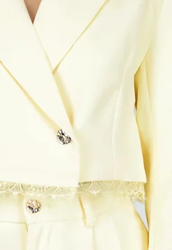 Gele Cropped Blazer met Kant en Lange Mouwen