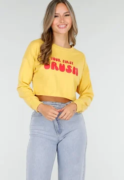 Gele Crop Top met Lange Mouwen