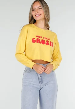 Gele Crop Top met Lange Mouwen