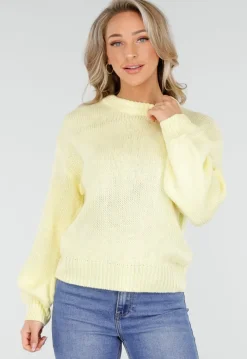 Gele Grofgebreide Oversized Trui met Ronde Hals