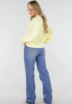 Gele Grofgebreide Oversized Trui met Ronde Hals