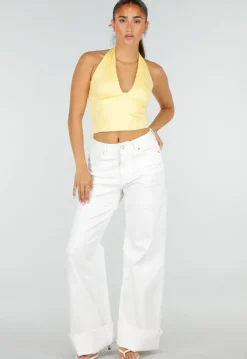 Gele Halter Crop Top met Open Rug en Diepe V-Hals