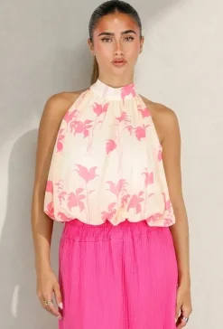 GeleHalter Top met Lichtroze Bloemenprint