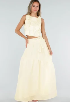 Gele Maxi Rok met Strikceintuur en Elastische Taille