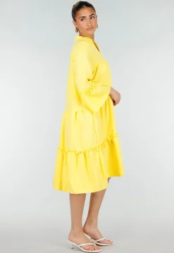 Gele Midi Jurk met V-hals en Ruffle Details