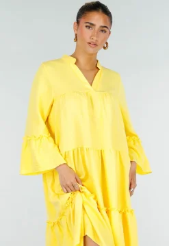 Gele Midi Jurk met V-hals en Ruffle Details