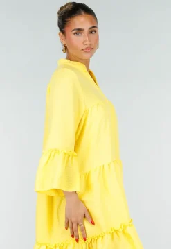Gele Midi Jurk met V-hals en Ruffle Details