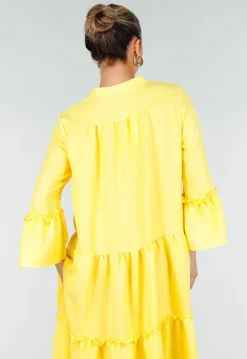 Gele Midi Jurk met V-hals en Ruffle Details