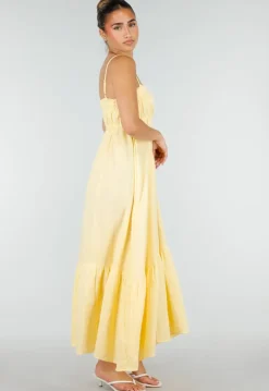 Gele Mousseline Maxi Jurk met Spaghettibandjes en Smokdetail