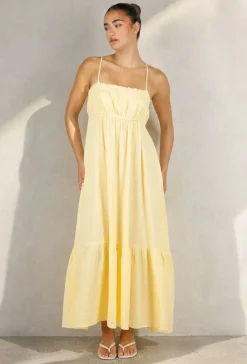Gele Mousseline Maxi Jurk met Spaghettibandjes en Smokdetail