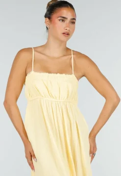 Gele Mousseline Maxi Jurk met Spaghettibandjes en Smokdetail