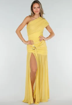 Gele One Shoulder Mesh Maxi Jurk met Split en Drapering