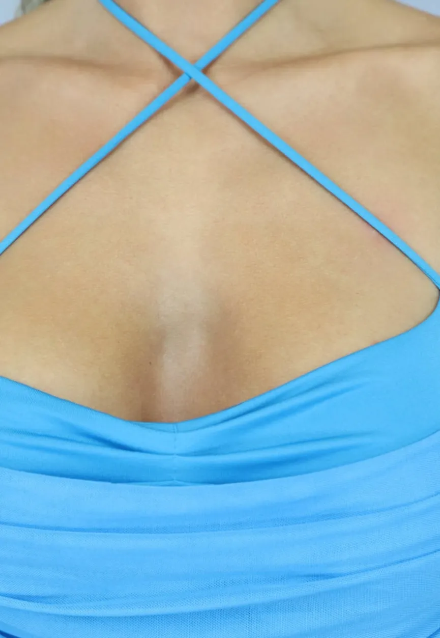 Geplooide Blauwe Bodycon Jurk met Gedrapeerd Detail