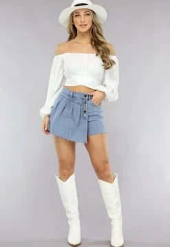 Geplooide Denim Overslag Skort in Lichtblauw met Knopen