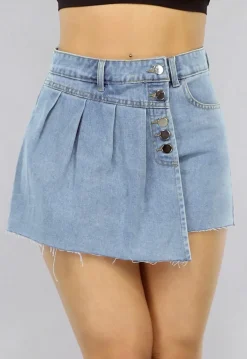 Geplooide Denim Overslag Skort in Lichtblauw met Knopen