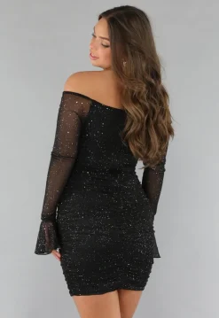 Geplooide Glitter Jurk met Twist Look en Flared Mouwen
