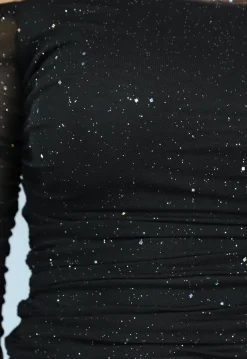 Geplooide Glitter Off Shoulder Jurk van Mesh