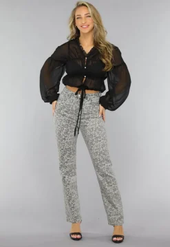 Geplooide See Through Zwarte Ruches Blouse met Knoopjes