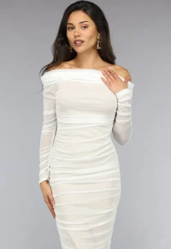 Geplooide Witte Off Shoulder Mesh Jurk