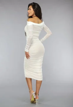 Geplooide Witte Off Shoulder Mesh Jurk