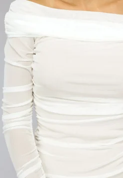 Geplooide Witte Off Shoulder Mesh Jurk