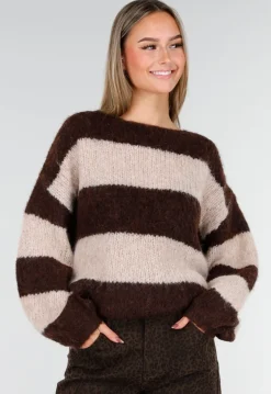 Gestreepte Fluffy Trui in Bruin en Beige met Losvallende Pasvorm