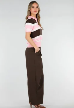 Gestreepte Gebreide Polo Top in Roze en Bruin