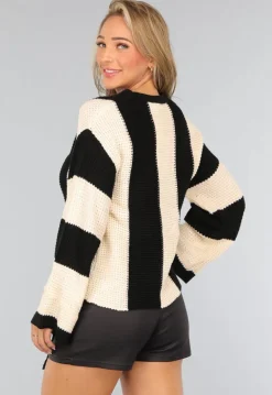 Gestreepte Zwart/Beige Trui met Wijde Mouwen