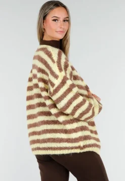Gestreept Fluffy Vest in Geel en Bruin met Losvallende Pasvorm