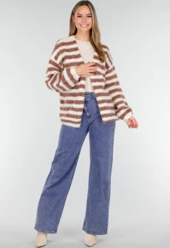 Gestreept Gebreid Vest in Bruin en Wit met Losvallend Model