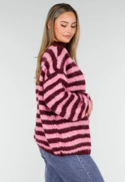 Gestreept Roze en Bordeaux Wollen Vest met Lange Mouwen